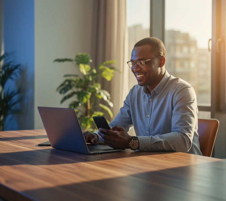Propriétaire béninois gérant ses loyers avec le sourire depuis son téléphone